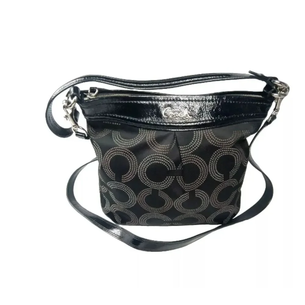 Coach Ashley Dotted Op Art Jacquard Hippie Handbag Black & Khaki F20088